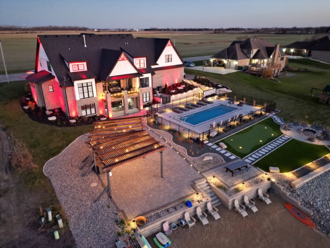 Luxurious house with pool at sunset