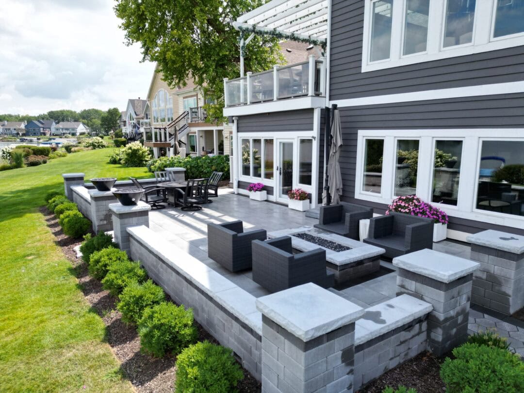 Modern patio with outdoor seating and fire pit