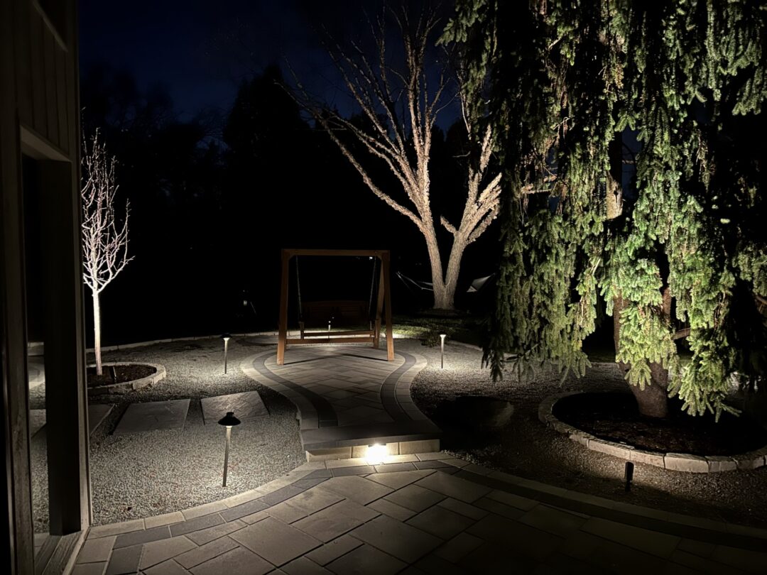 Illuminated backyard with trees and swing at night.