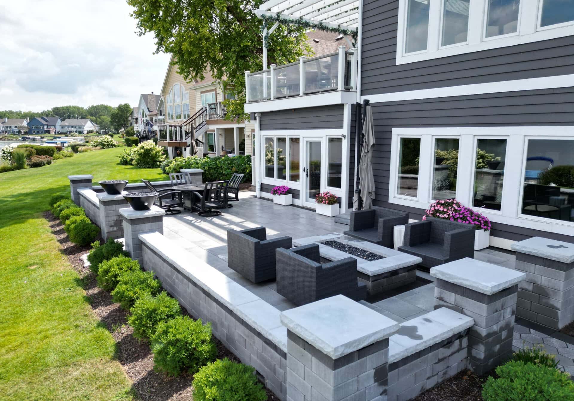 Modern patio with outdoor seating and fire pit