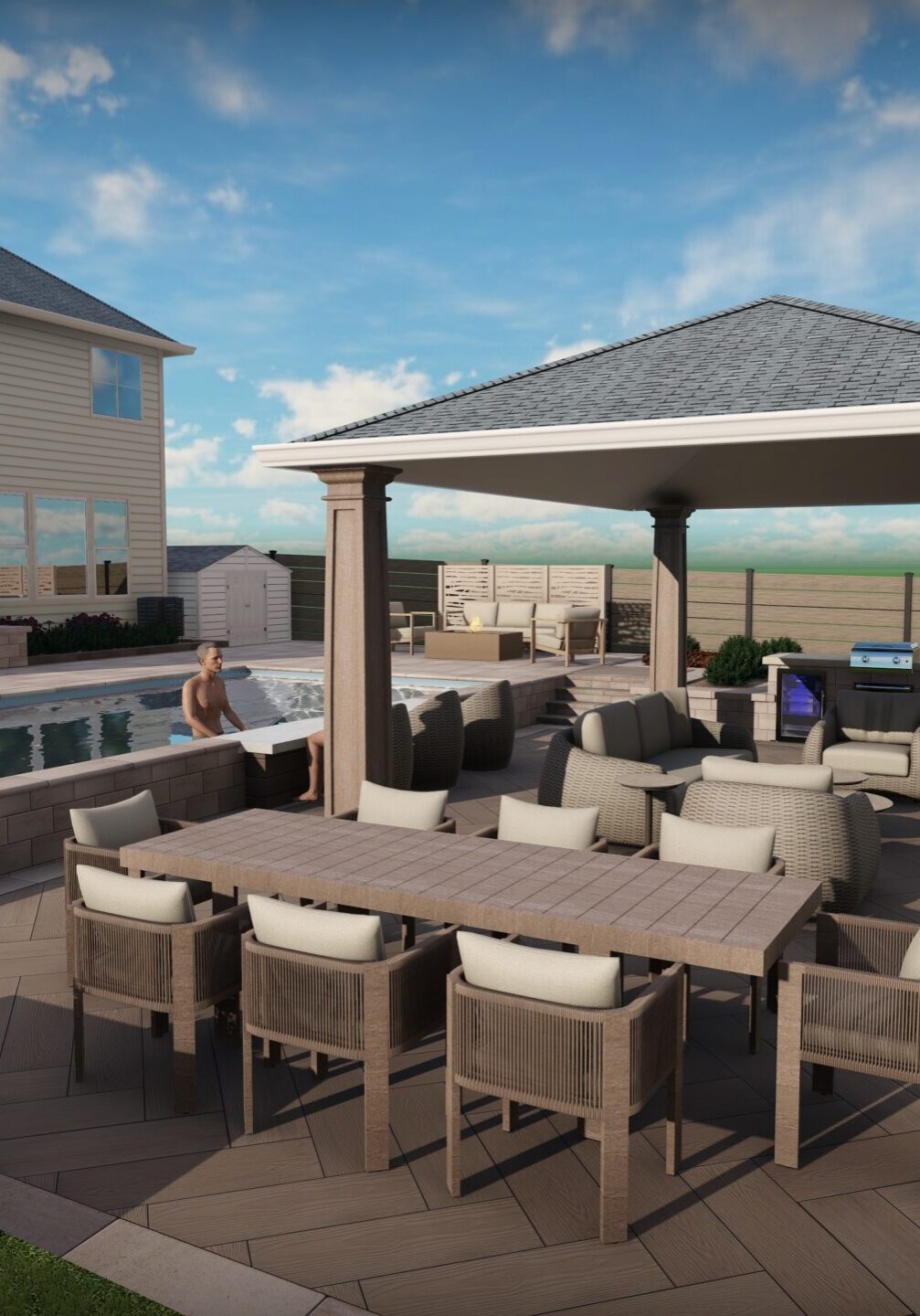 Modern backyard patio with pool and covered pavilion